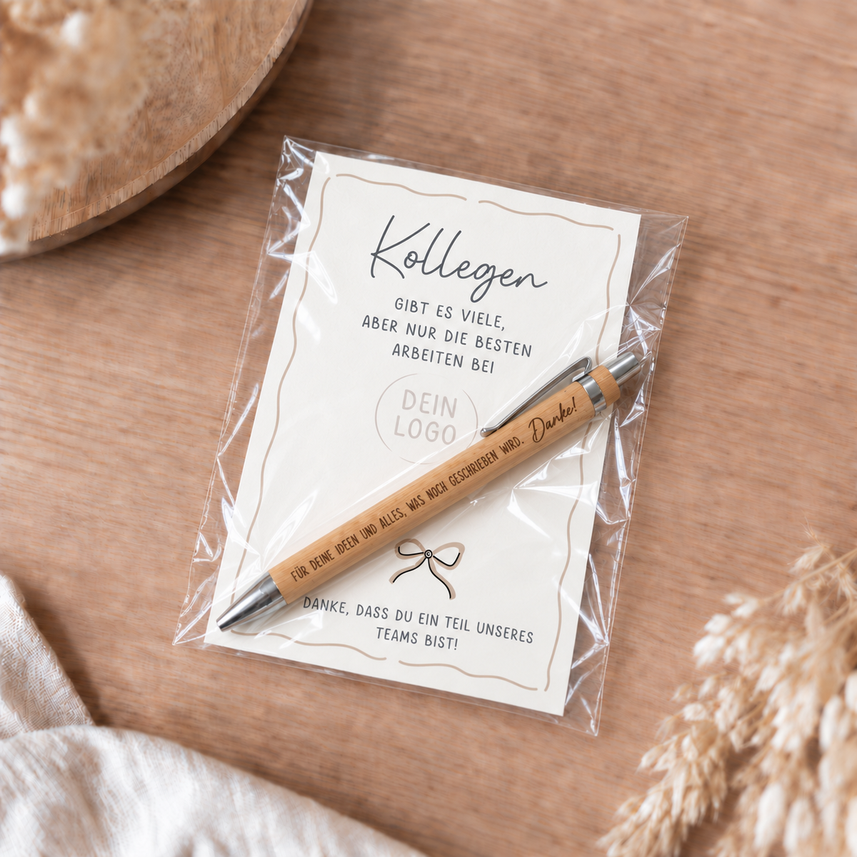Mitarbeitergeschenk: Kugelschreiber + Karte mit Logo