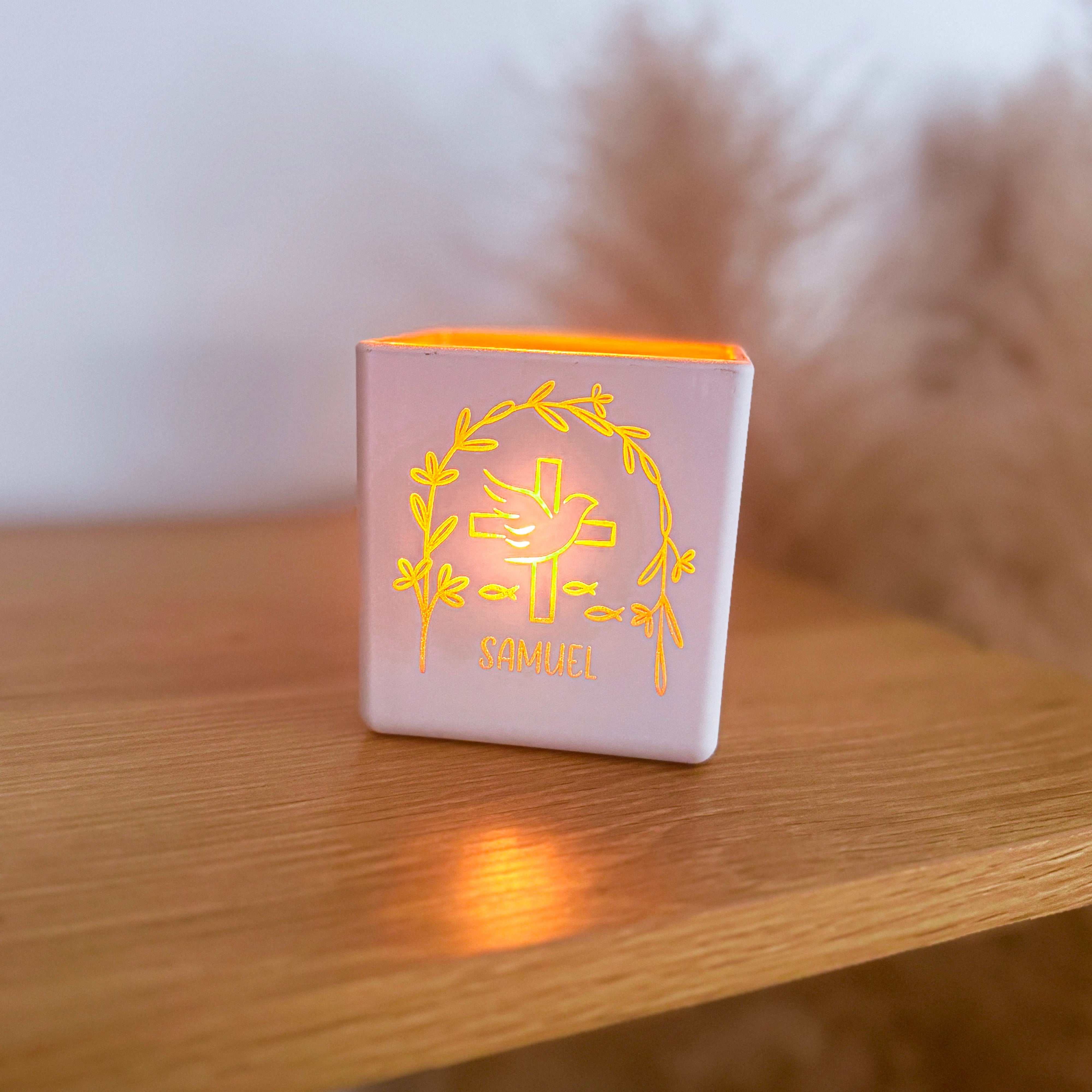 Windlicht · Taube + Name (Taufe, Konfirmation, Kommunion, Firmung)