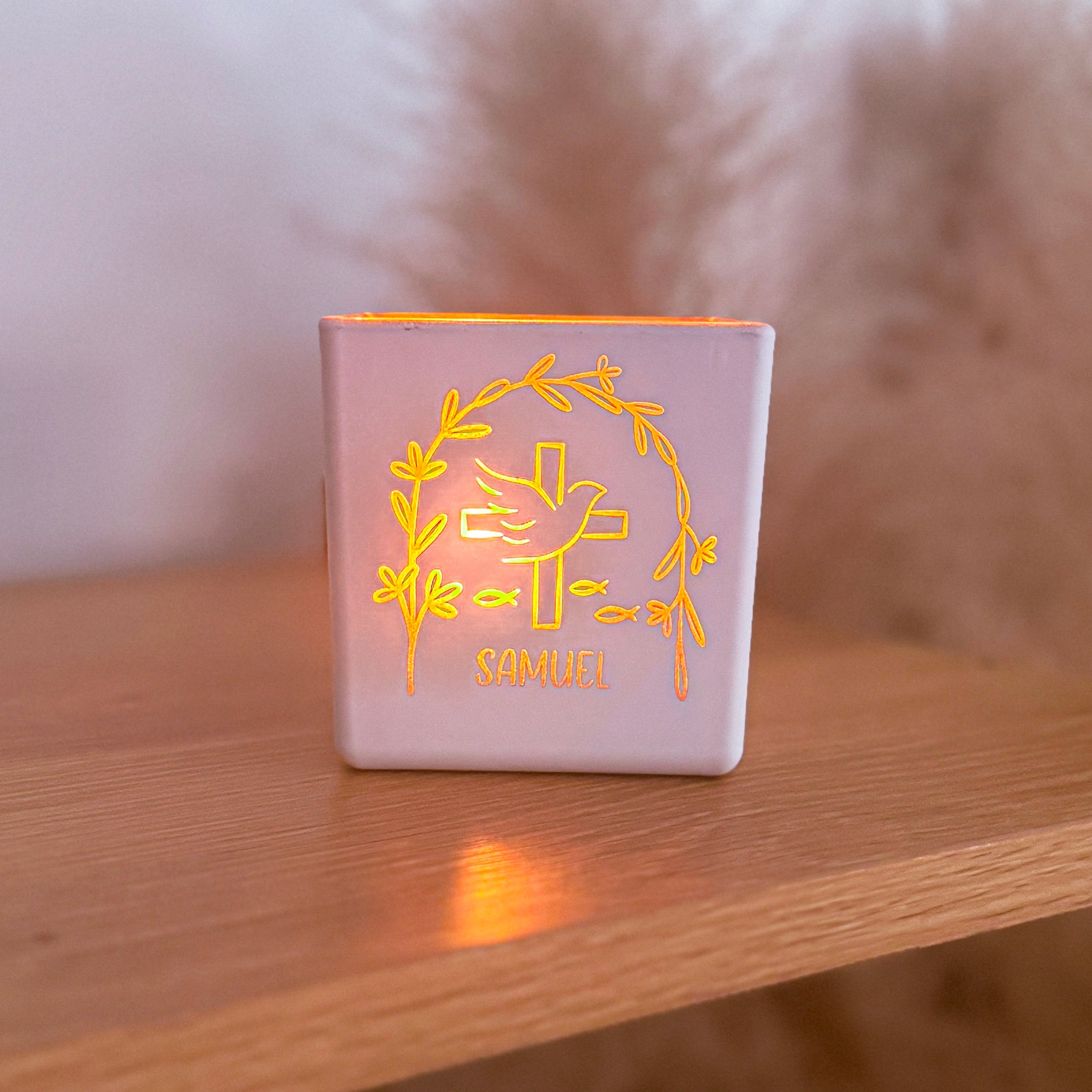 Windlicht · Taube + Name (Taufe, Konfirmation, Kommunion, Firmung)