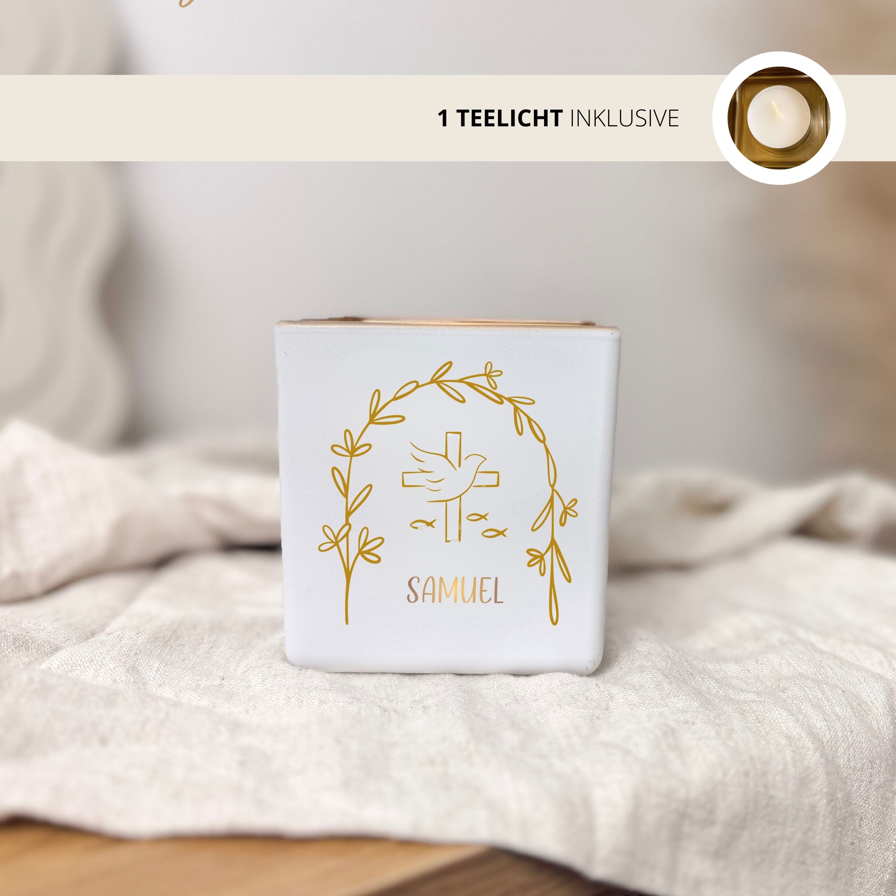 Windlicht · Taube + Name (Taufe, Konfirmation, Kommunion, Firmung)