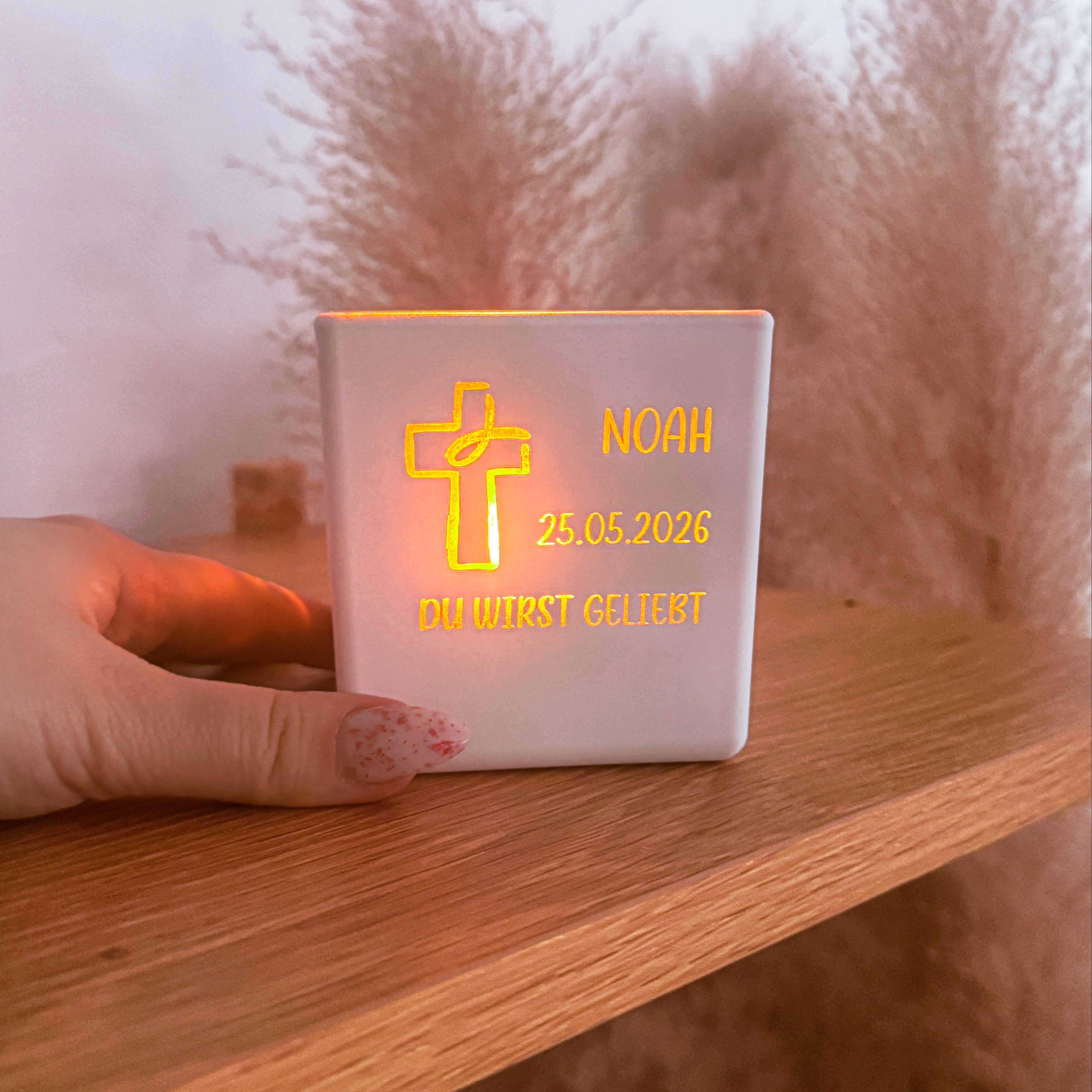 Windlicht · Kreuz + Name (Taufe, Konfirmation, Kommunion, Firmung)