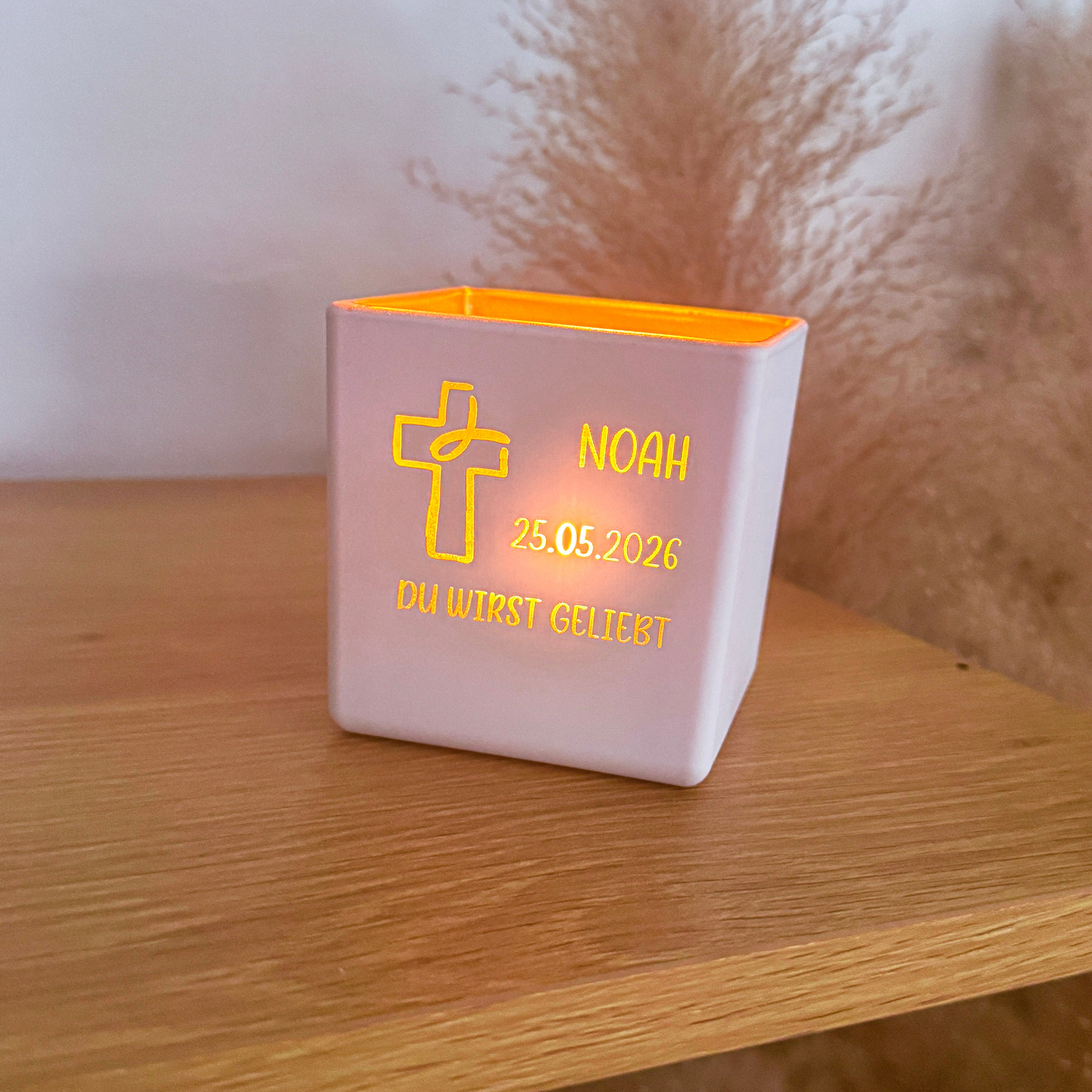 Windlicht · Kreuz + Name (Taufe, Konfirmation, Kommunion, Firmung)