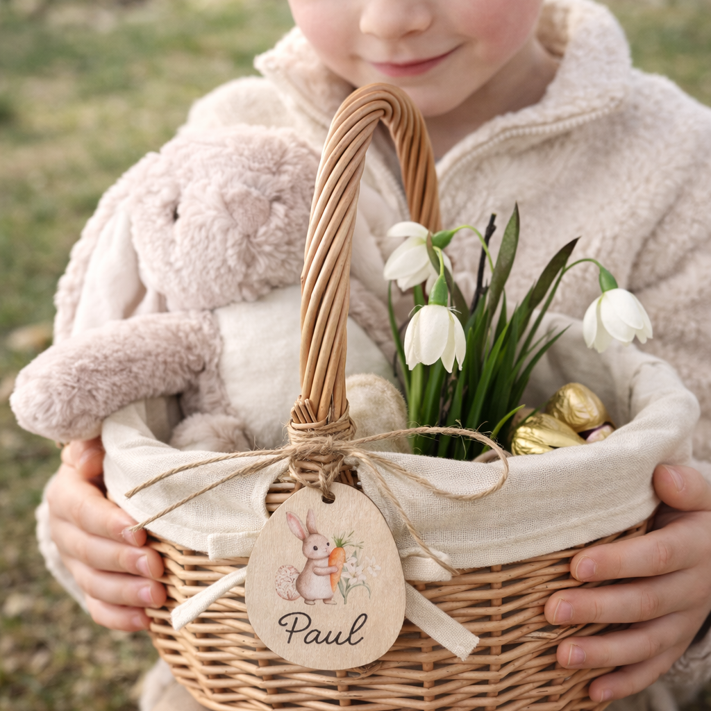 Osterkörbchen mit Osterei-Anhänger Holz · Wunschname