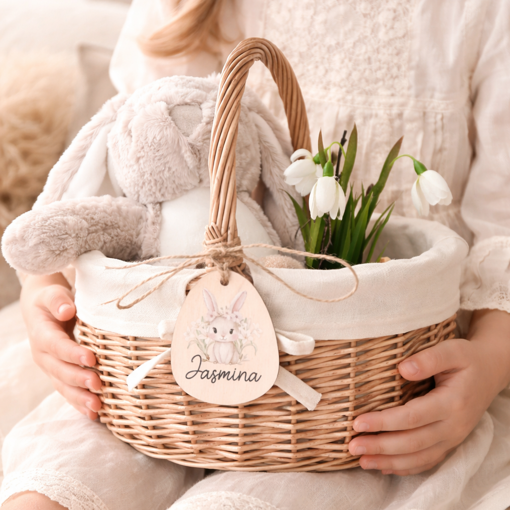 Osterkörbchen mit Osterei-Anhänger Holz · Wunschname