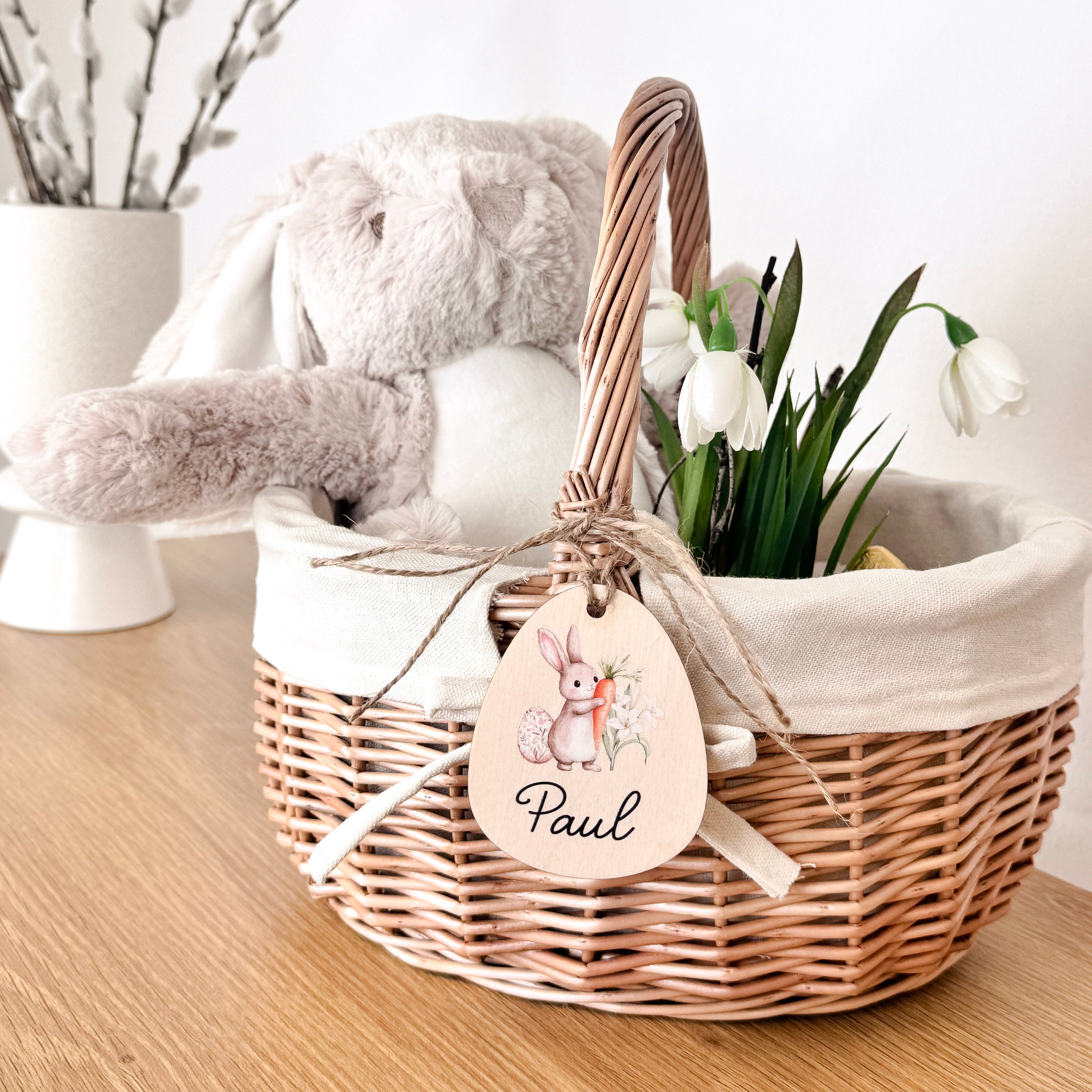 Osterkörbchen mit Osterei-Anhänger Holz · Wunschname