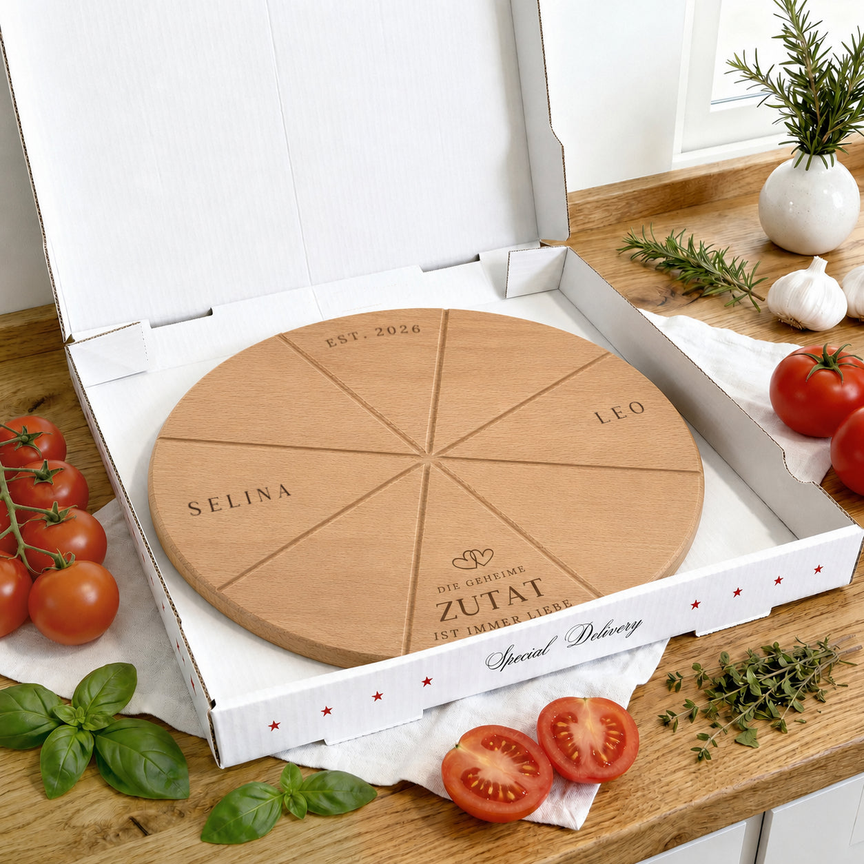 Pizzabrett + Karton · Hochzeit: Die geheime Zutat