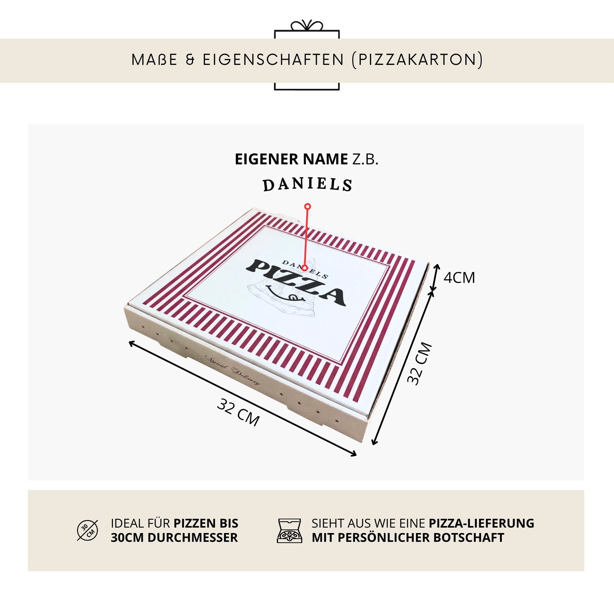 Pizzabrett + Karton · Name + Smiley