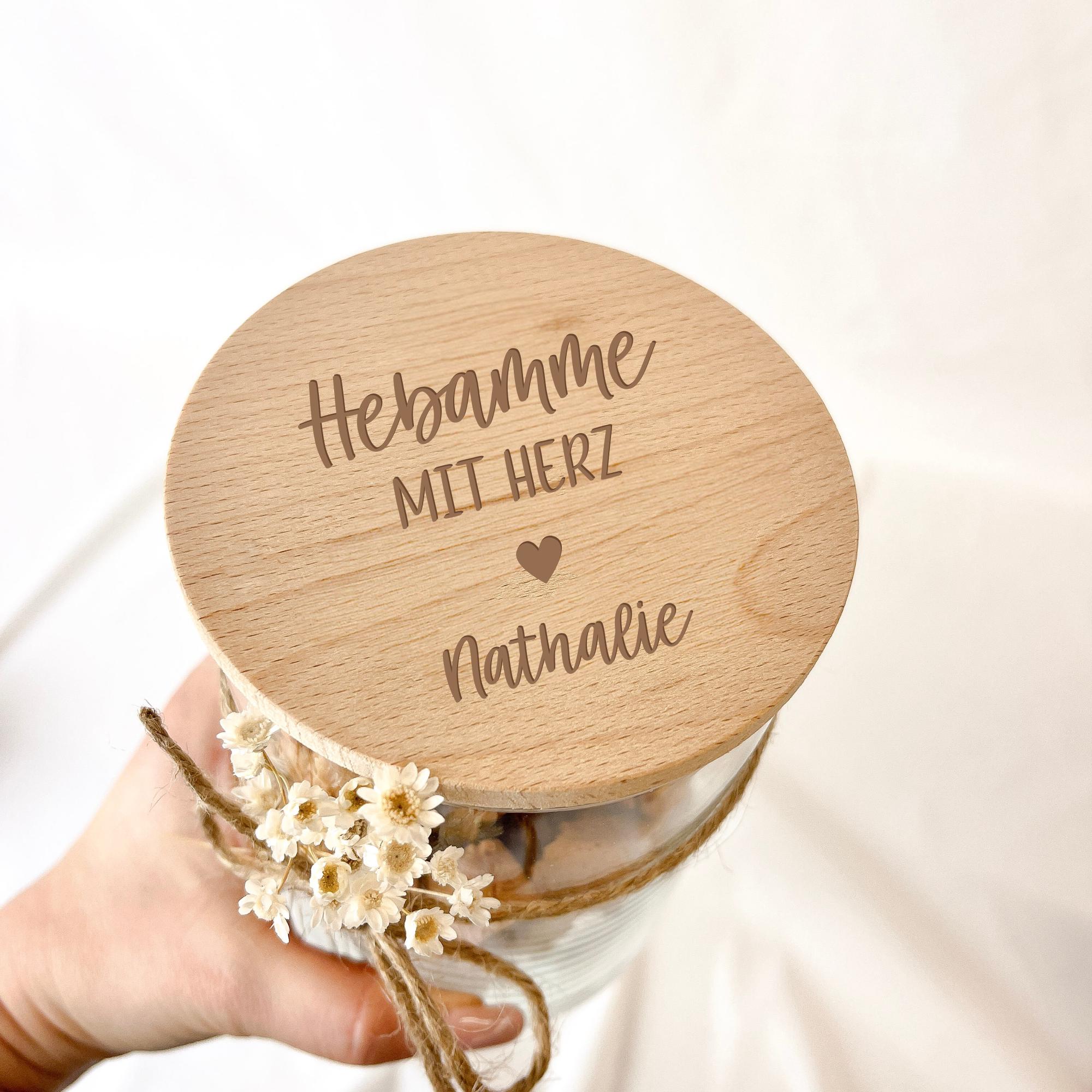 Vorratsglas · Hebamme mit Herz + Name