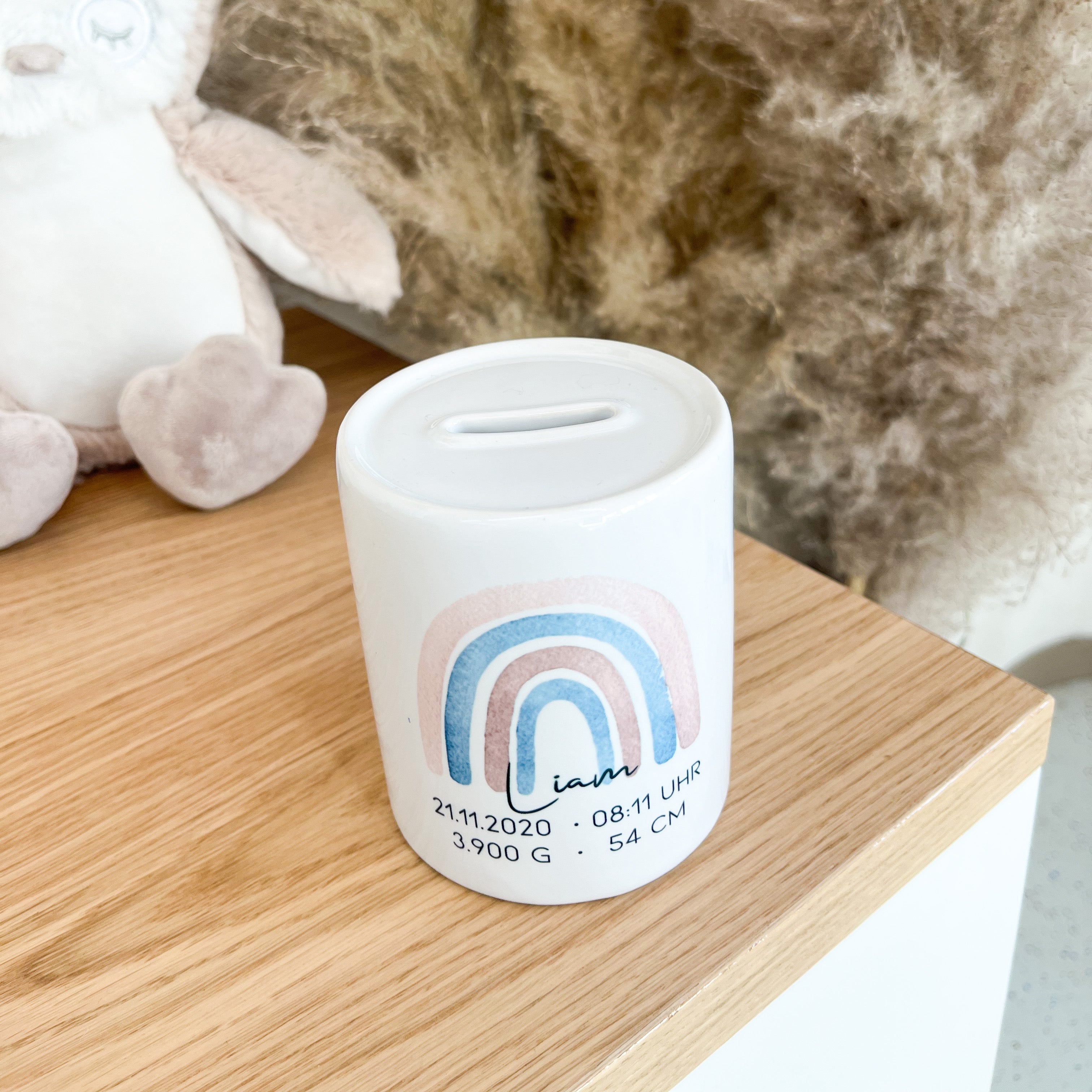 Spardose mit Aquarell-Regenbogenmotiv