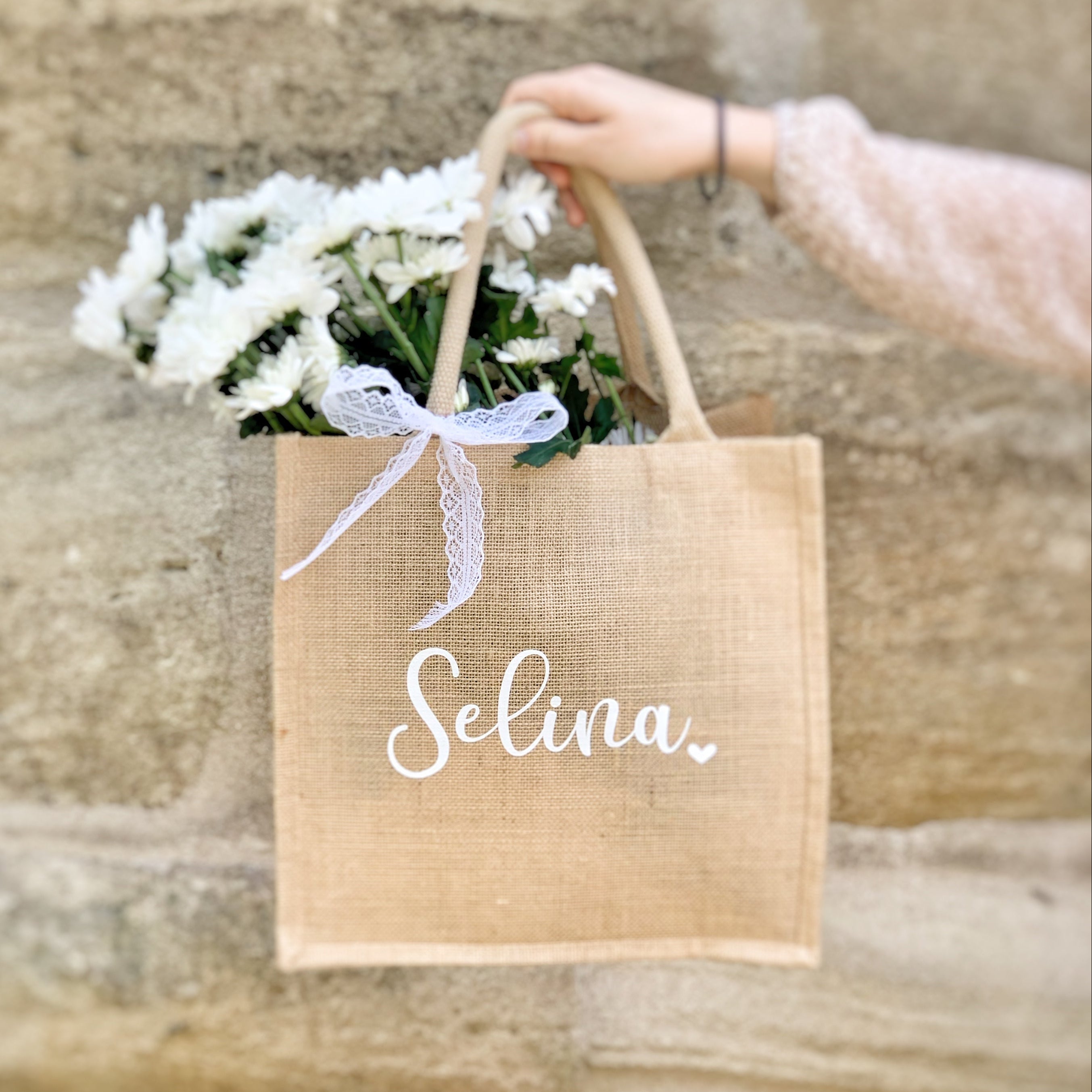 Jute Tasche · Wunschname mit Schleife