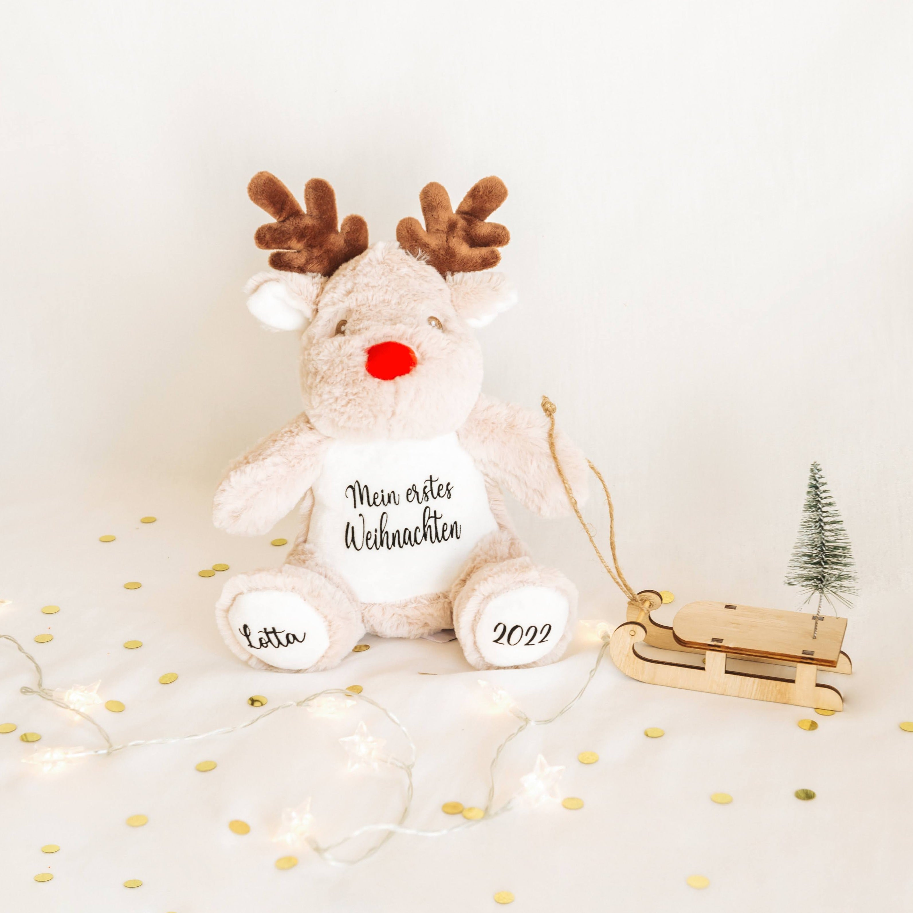 Kuschelrentier mit Name und Spruch