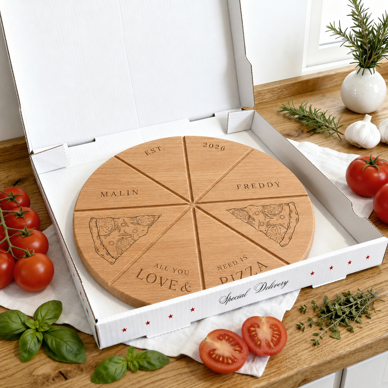 Pizzabrett + Karton · Hochzeit: Love & PIzza