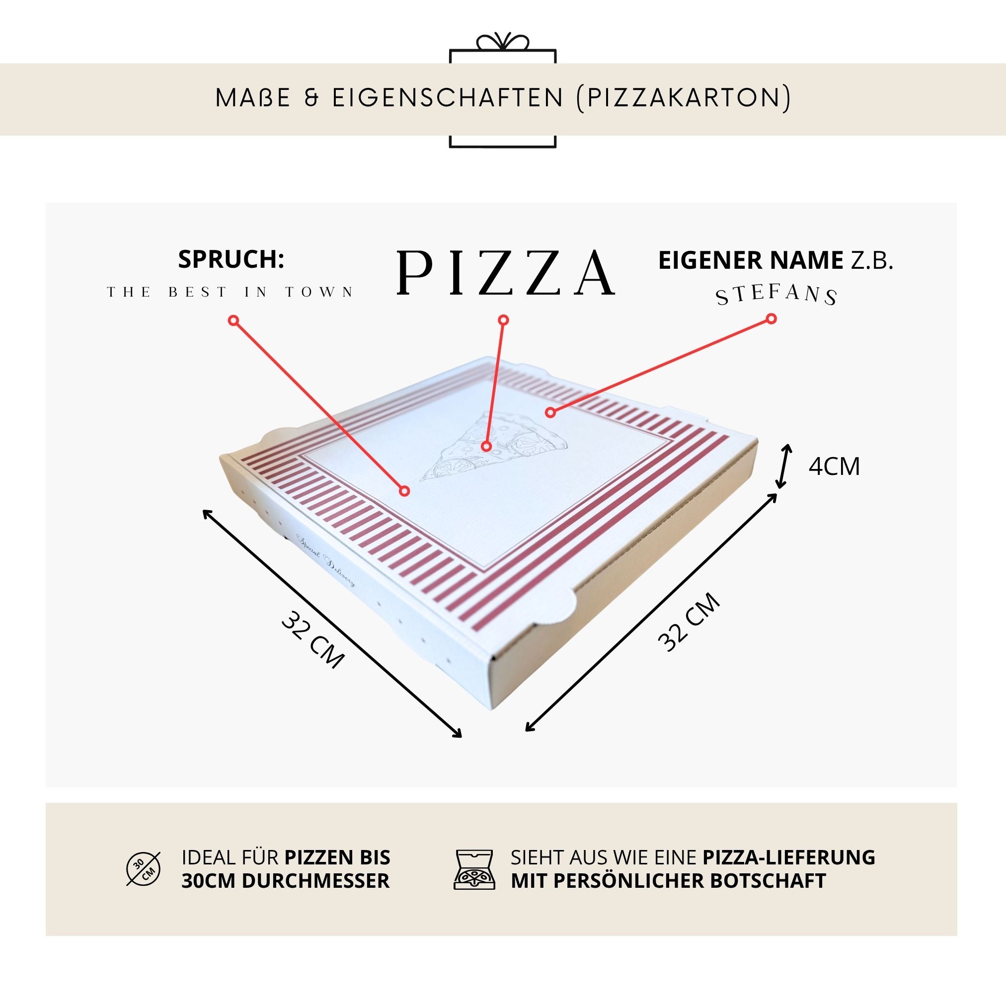Pizzabrett + Karton · Name + The best in town