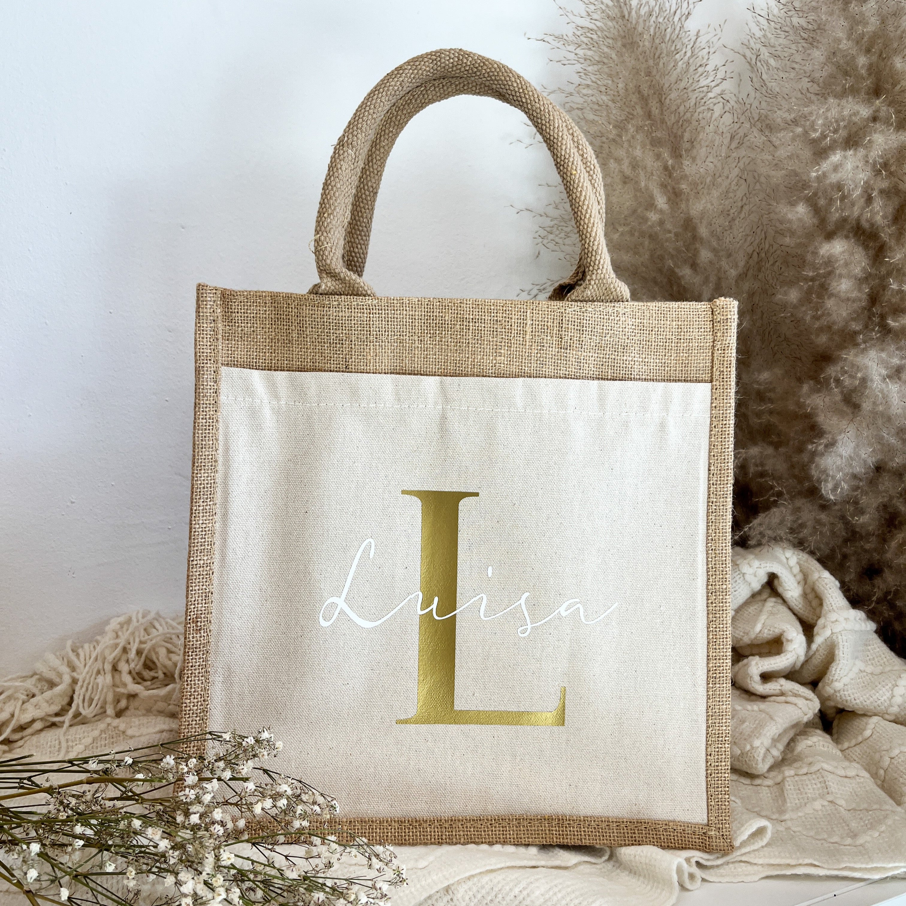 Baumwoll/Jutetasche mit Initial und Name