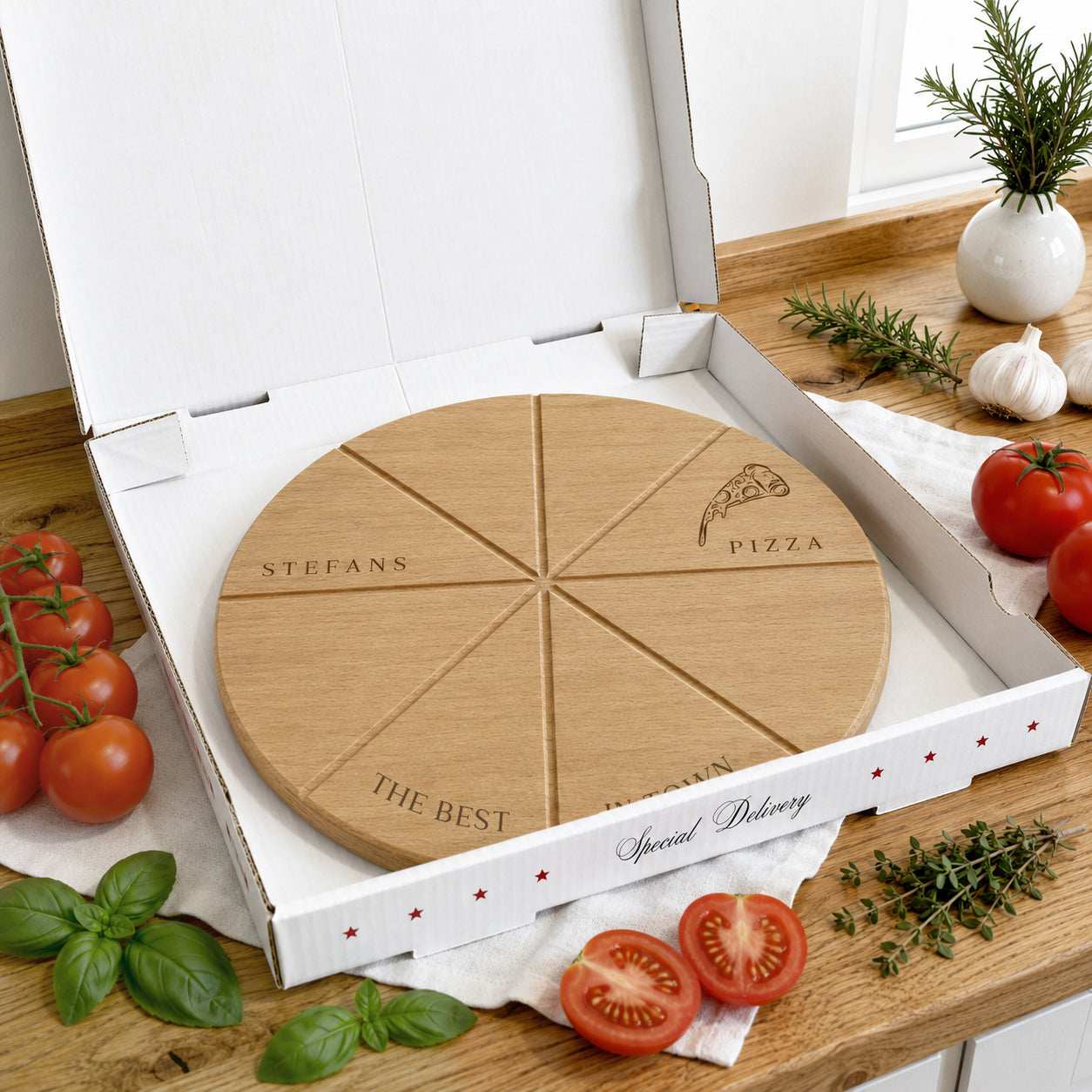 Pizzabrett + Karton · Name + The best in town