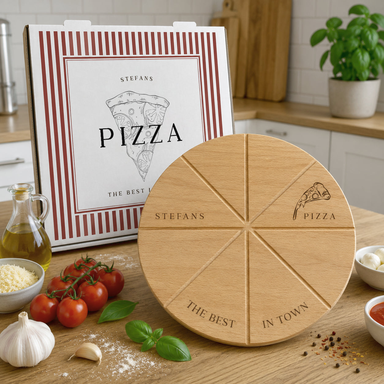 Pizzabrett + Karton · Name + The best in town