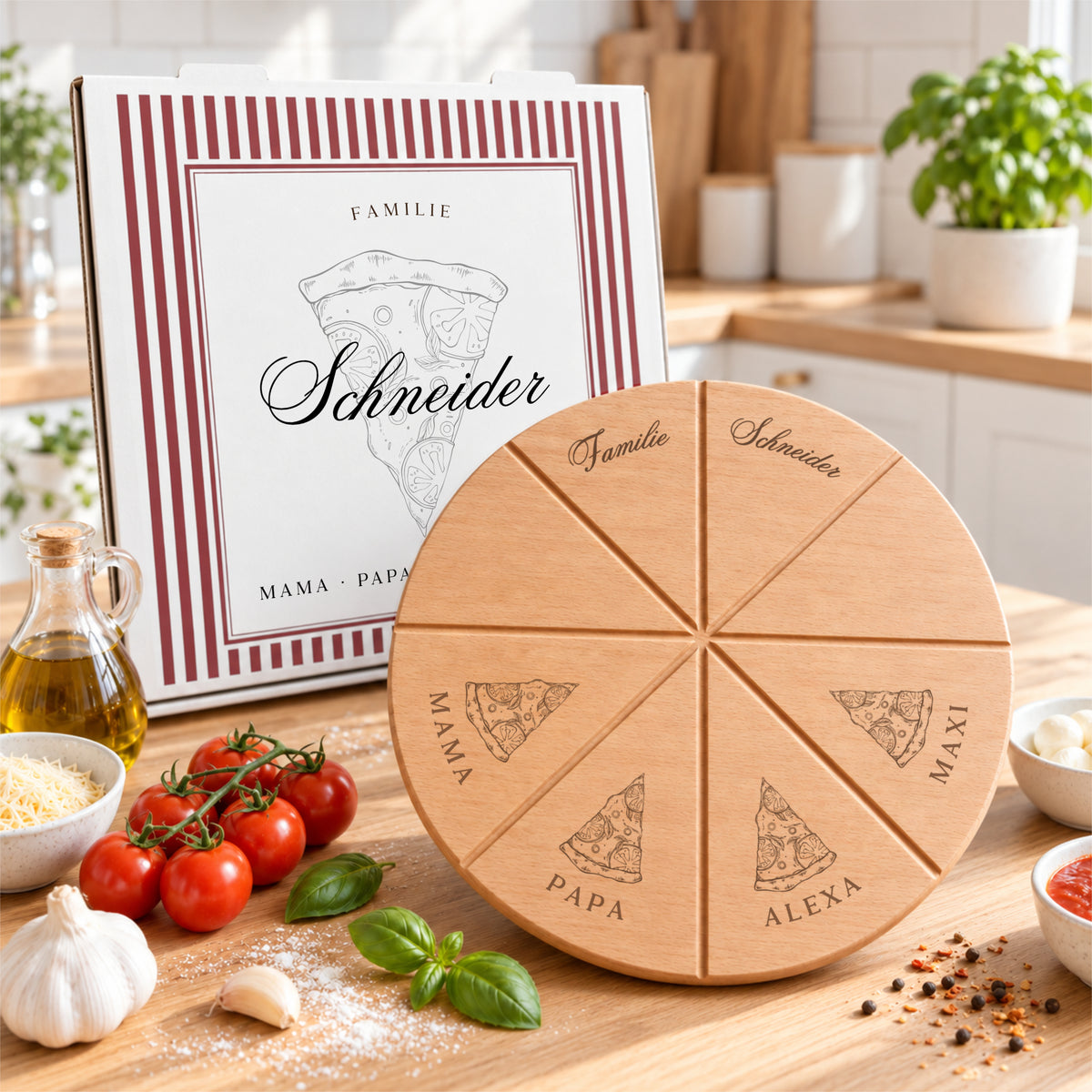 Pizzabrett + Karton · Pizza Stücke