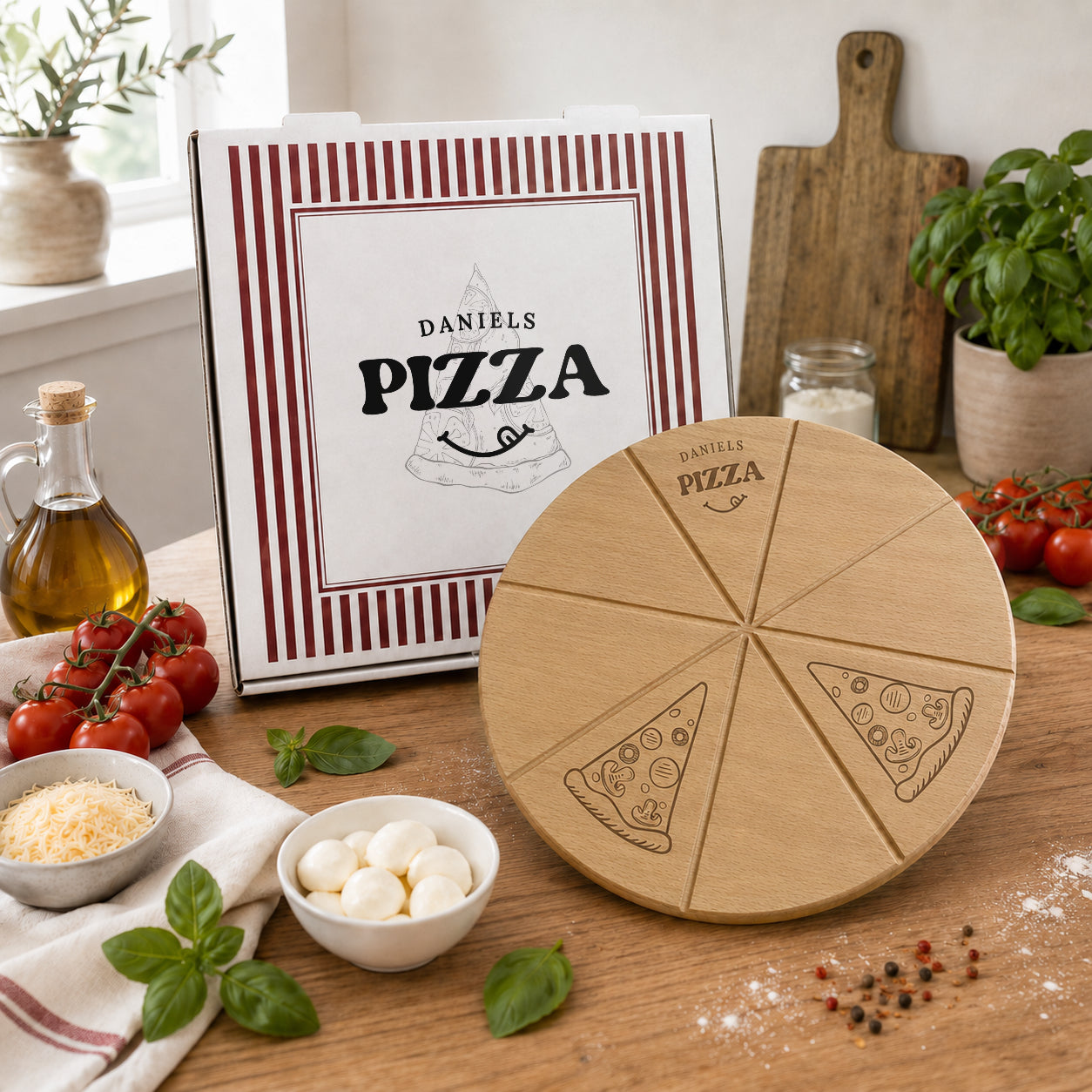 Pizzabrett + Karton · Name + Smiley