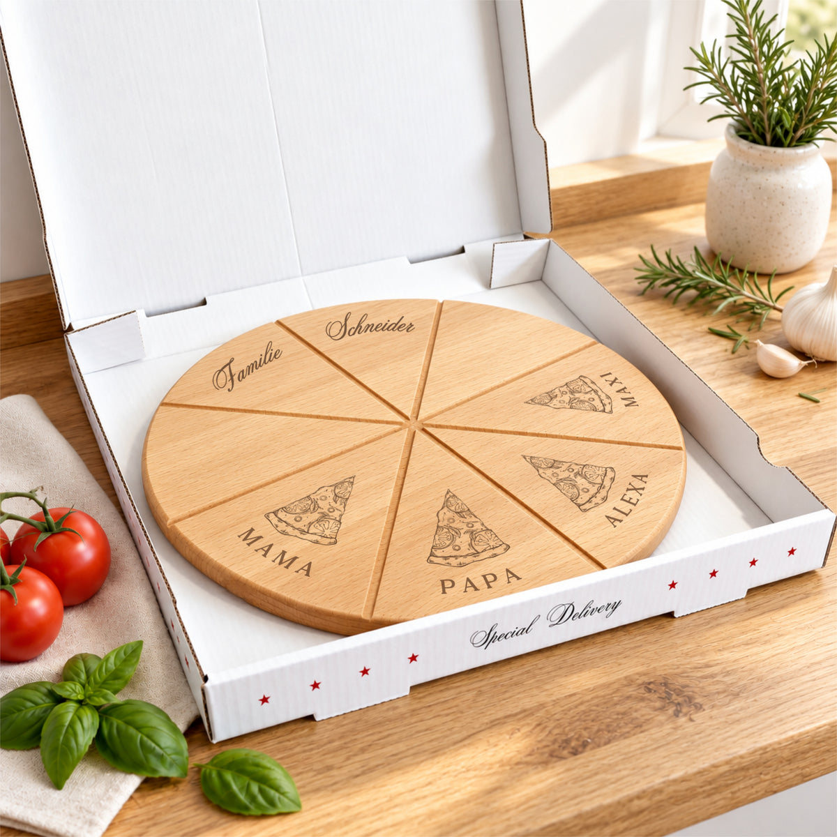 Pizzabrett + Karton · Pizza Stücke
