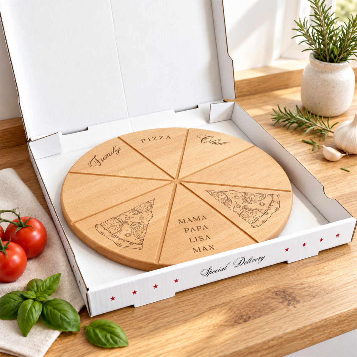 Pizzabrett + Karton · Family Pizza Club