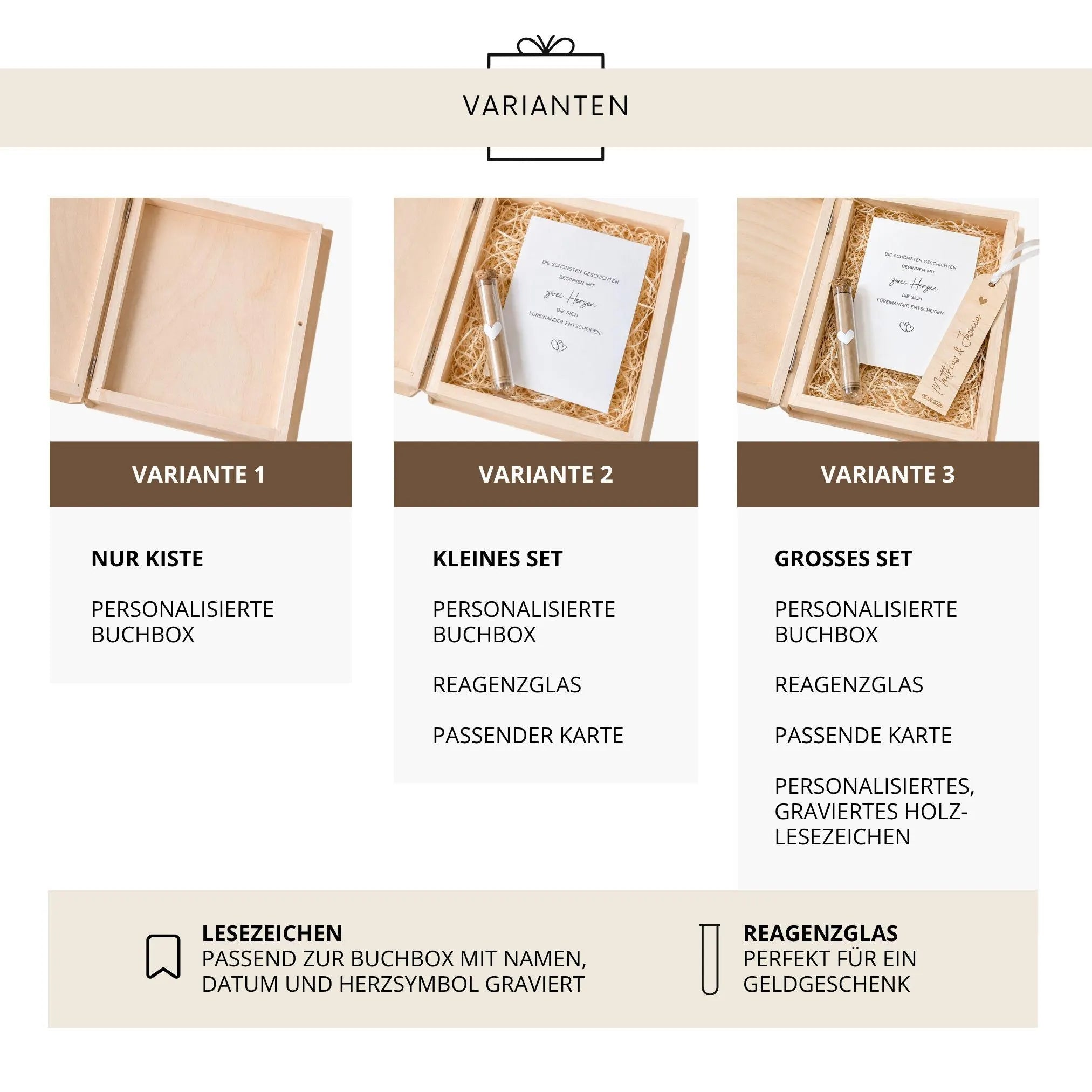 Hochzeitskiste Buch · Set mit Karte, Reagenzglas & Lesezeichen