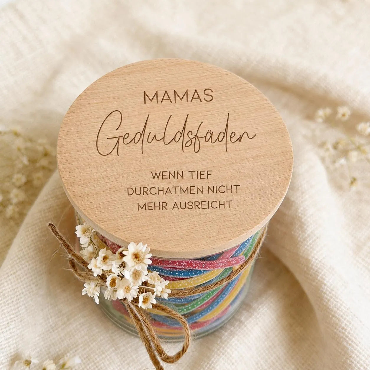 Vorratsglas · Geduldsfäden mit Name und Spruch